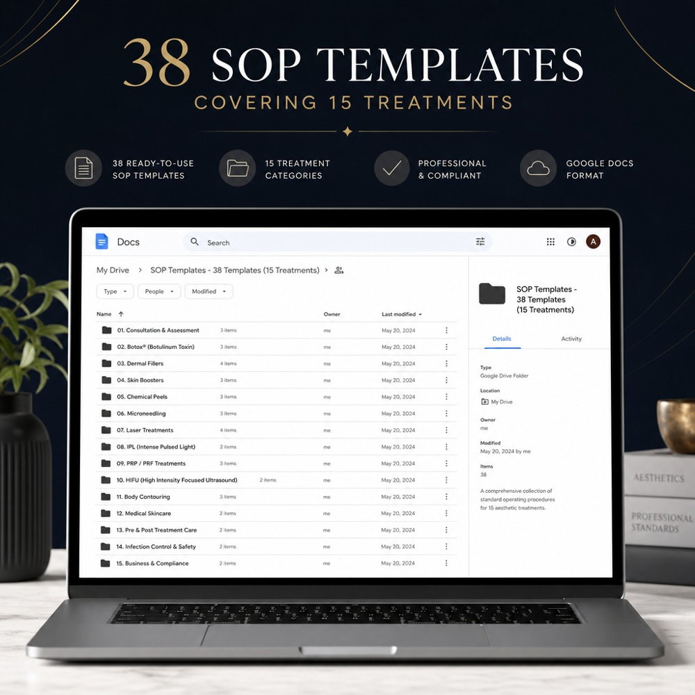 38 SOP templates covering 15 treatments